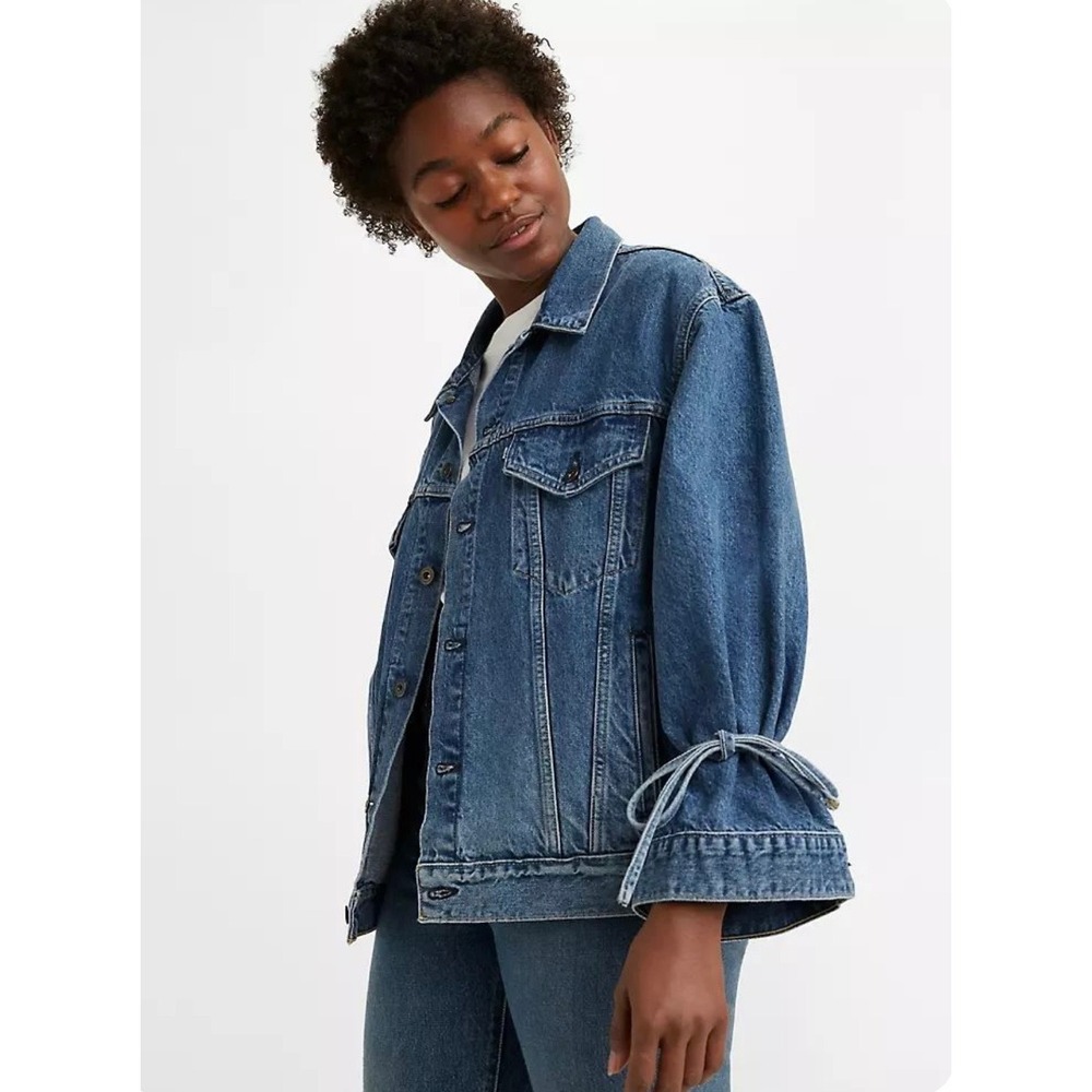 Levi Strauss & Co‎ Made Crafted Denim Jacket Tie Sleeve Distressed Blue Women